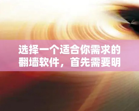 选择一个适合你需求的<strong>翻墙</strong>软件，首先需要明确你的具体需求。以下是一些常见的<strong>翻墙</strong>软件推荐，根据不同的需求和预算进行选择